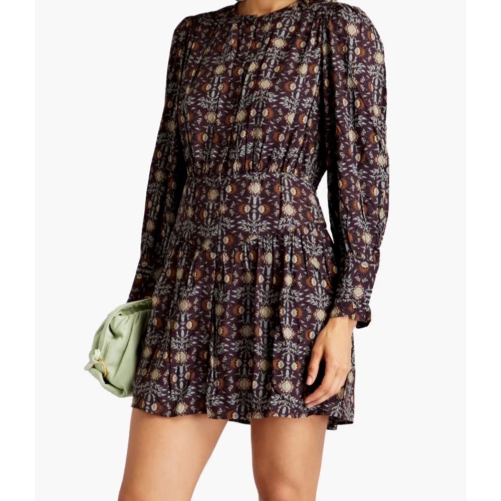 BA&SH Tracy Brown & Multicolor Puff Sleeve Fit and Flare Dress Small